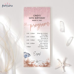 Carte de programme en or Rose rose, programmes d'anniversaire imprimables, décoration de Table de fête dîner événements dames, modèle P106 en téléchargement numérique modifiable