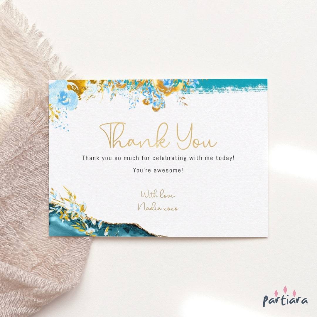 Ladies Blue Gold Birthday Thank You Card Printable Bridal Shower Summer ...