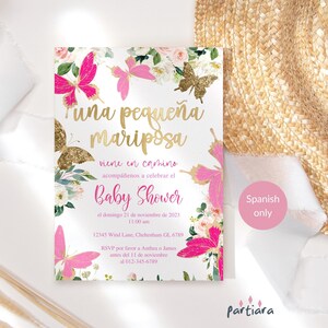 Modelo de convite de chá de bebê espanhol borboleta para meninas, decoração floral rosa fúcsia quente para impressão, cartão digital editável para download P187