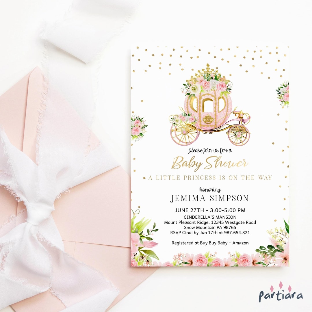 Princess Baby Shower Invitation Editable Pink Carriage Floral Fairytale