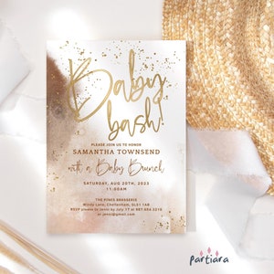 Fall Baby Shower Invitation, Baby Bash Brunch Party Invite, Shades of Brown and Gold, Gender Neutral Boy or Girl Printable, Editable P214