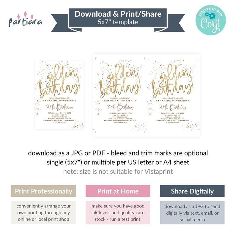 May include: A printable 5x7 inch template for a golden birthday party invitation. The invitation features a white background with gold glitter and the text "golden birthday!" in gold script. The text "Samantha Townsend's 20th Birthday" is also included in black text.