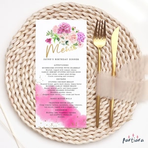 Geburtstags-Menükarte, rosa Blumenmenüs, Brautparty-Brunch zum Ausdrucken, Damen-Teeparty, Blush Hot Pinks Golddekor, bearbeitbarer Download P125