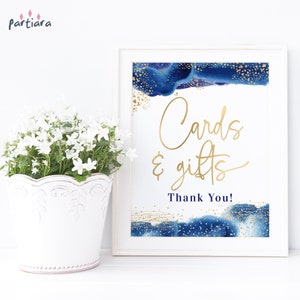 Blauwe cadeau tafel tekensjabloon, poster verjaardagsfeestje heren afdrukbare, marine gouden geschenken en kaarten decor evenementen, bewerkbare digitale download P260