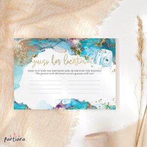 Errate sie Lage Spiel Damen Geburtstag Foto Ratenspiele Druckbar Teal Blau Gold Strand Thema Party Andenken Bearbeitbar Download P243