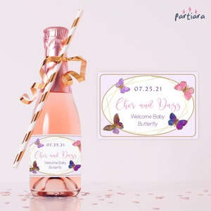 Etichette per vino a farfalla per bambina, bomboniere per baby shower, stampabili, modello digitale modificabile per download P337
