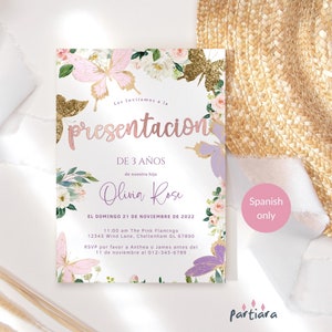 Modelo de convite de aniversário espanhol borboleta para meninas, convite para festa de jardim com borboletas douradas florais rosa para impressão, editável, download P328