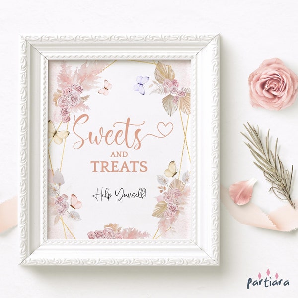 Bohemian Butterfly Pampas Sweets Treats Table Sign Editable Girl Baby Shower 1st Birthday Party Favors Template Blush Pink Printable P171