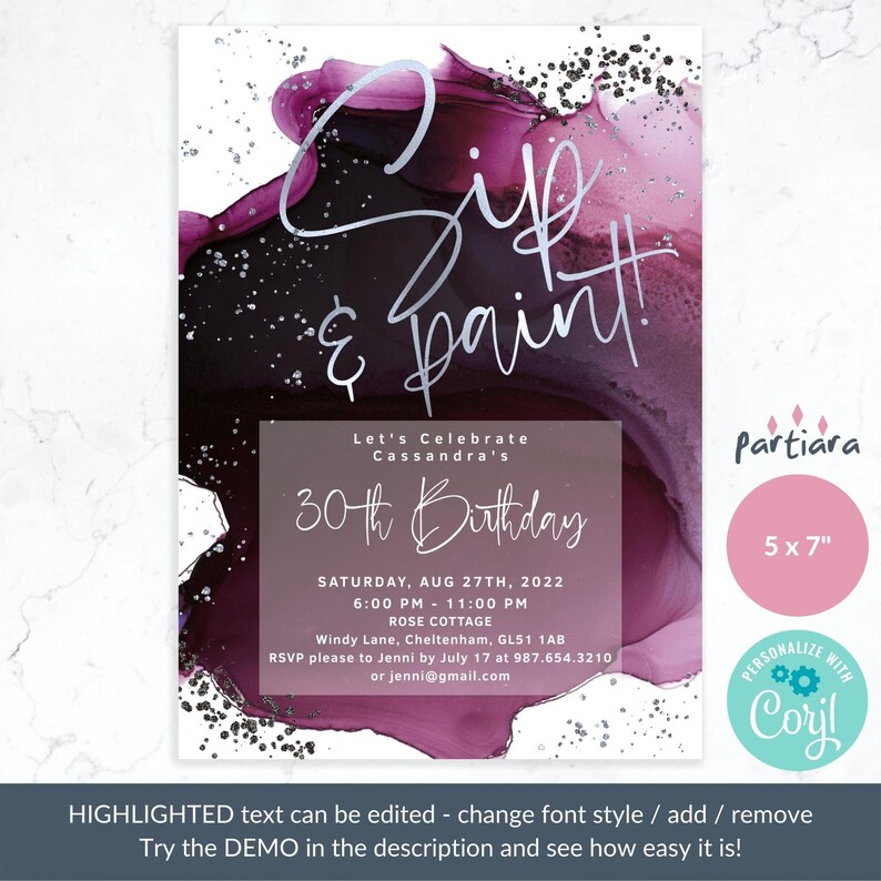 Sip and Paint Party Invitation Printable Ladies Birthday Etsy