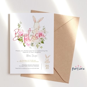 Ostern Taufe Einladung Bunny Party Vorlage, Mädchen 1. Geburtstag Gemeinsame Taufe Einladen Karte Printable, Rosa Blumen Rosendekor, Bearbeitbar P62