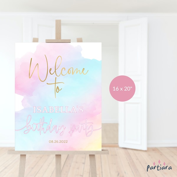 Rainbow Sign Girl Birthday Welcome Party Poster Decoration Printable Teens Pastel Ombre Gold Decor Editable Digital Download Template P179
