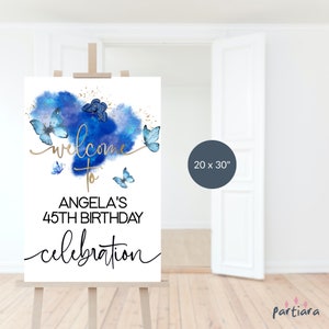Cartello di benvenuto a farfalla blu reale, stampabile per feste, poster di benvenuto per piscina estiva per ragazze adolescenti o donne, decorazione digitale modificabile, download P617