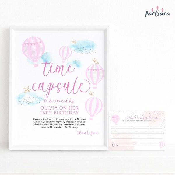 Editable Time Capsule Girl 1st Birthday Balloons Up Up Away Hot Air Balloon Pastel Pink Party Printable Table Sign Silver Decor Download P25