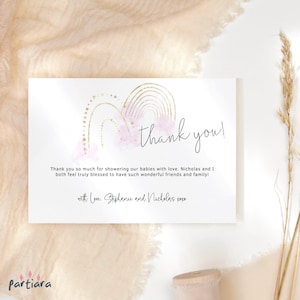Boho Rainbow Thank You Card Template, Girl Baby Shower Thankyou Notes Printable, Pink 1st Birthday Party Editable Digital Download P136
