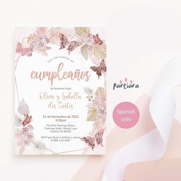 Girls Birthday Invitation Spanish Template: Butterfly Floral Rose Gold Blush Pink Printable P171