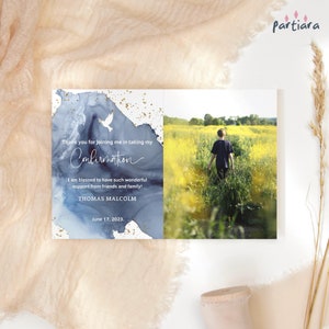 Plantilla de tarjeta de agradecimiento de confirmación azul, tarjetas fotográficas editables e imprimibles para confirmación de niño, decoración azul marino, blanco y dorado, descarga editable P239