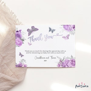 Silber Schmetterling Danke Kartenvorlage, Mädchen Blumen Geburtstag Danke Notecard druckbar, lila Flieder Babypartykarte, bearbeitbar P36