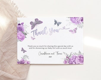 Purple Silver Butterfly Thank You Card Girl 1st Birthday Baptism Baby Shower Christening Party Note Cards Editable Floral Decor Download P36