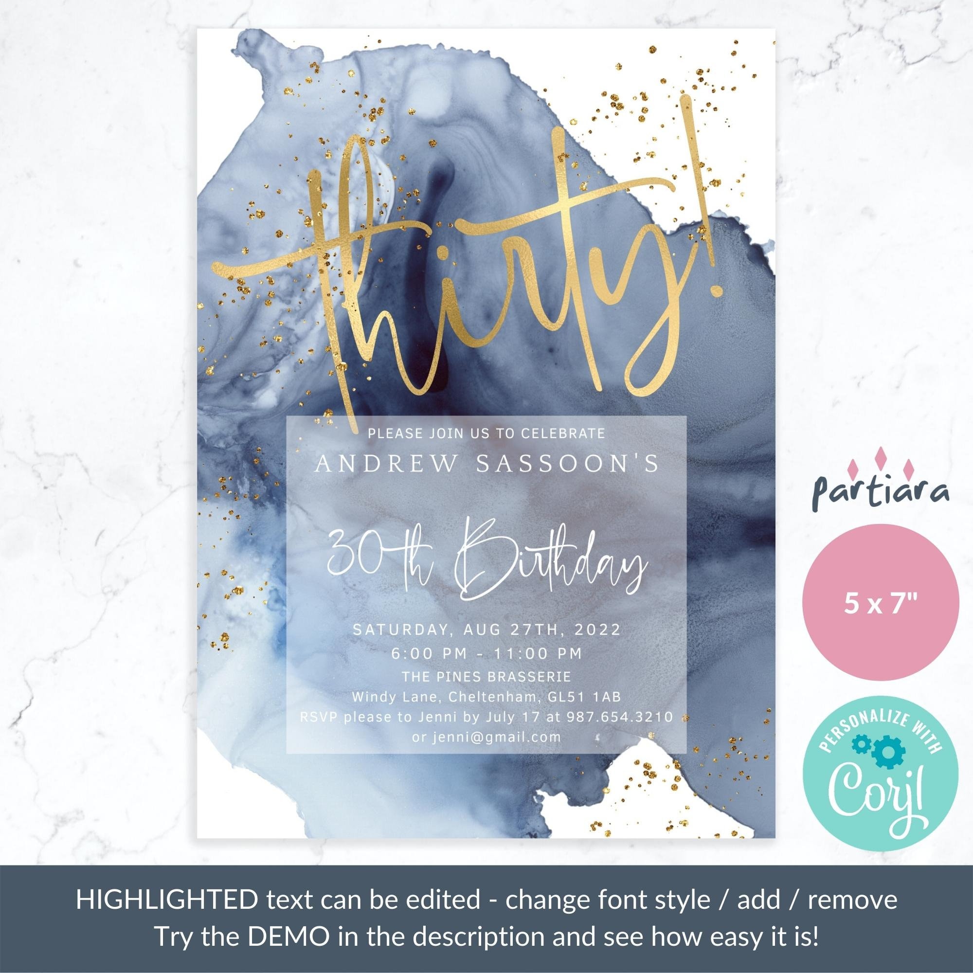 Invitación Digital Para Cumpleaños Número 30 En Azul, Plantilla De Invitación Para Fiesta En Azul Real Imprimible, Invitaciones Editables Para Hombres P627 - España