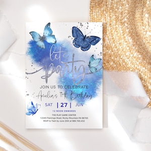 Invito per compleanno a farfalla per ragazza, blu reale, argento, modificabile, inviti per feste, ragazze, ragazze, ragazze, festa, casa, barbecue, stampabile P617