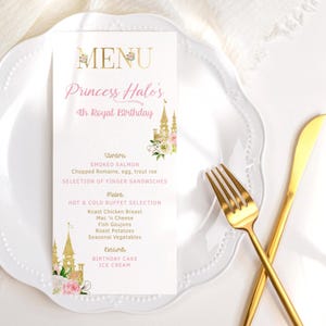 Menu de douche de bébé princesse imprimable fille 1er anniversaire Table de fête menus carte modèle en téléchargement numérique modifiable décor floral or rose P137