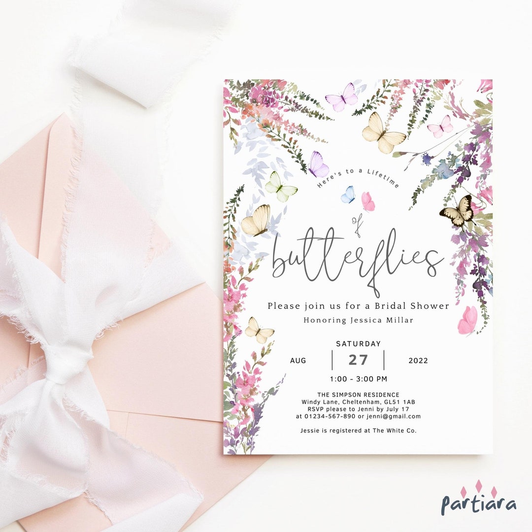 Lifetime of Butterflies Bridal Shower Invite Printable Wildflower Butterfly Floral Party