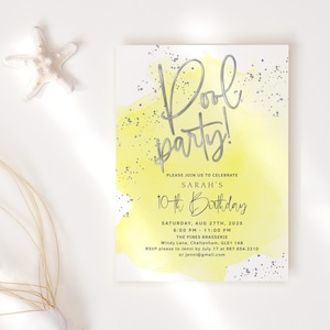 Invito per festa in piscina, invito per festa di compleanno in piscina per ragazze stampabile, decorazione in argento giallo sole, download digitale modificabile P612