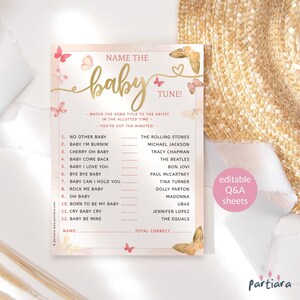 Boho Name der Baby Tune, Schmetterling-Babyparty-Spielkartenvorlage, Mädchen Pfirsichrosa Schmetterlinge Printable, bearbeitbarer digitaler Download P130
