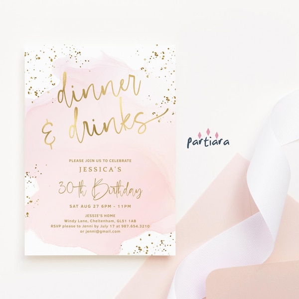 Dinner and Drinks Birthday Invitation Editable Ladies 30th 40th 50th Party Invite Digital Download Blush Pink and Gold Decor Printable P458