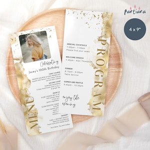 Gold Birthday Menu Program Template, Editable Photo Menus Printable, Teen Girls or Ladies Events Table Decor, Digital Download P441