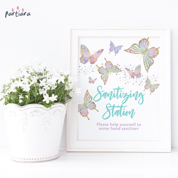 Girls Sanitizer Station Sign, Butterfly Birthday Party Table Poster Decoration Printable Rainbow Pastel Butterflies Baby Shower Editable P87