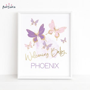 Butterfly Baby Sign, Welcome Baby Girl Table Poster Printable, Pastel Pink Purple Butterflies Decor, Editable Digital Download Template P345