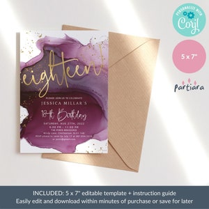 Op de afbeelding: Een uitnodiging van 5 x 7 inch met een aquarelontwerp in paars- en goudtinten. De uitnodiging luidt "eighteen!" in gouden script, met details voor een 18e verjaardagsviering, inclusief datum, tijd en locatie.