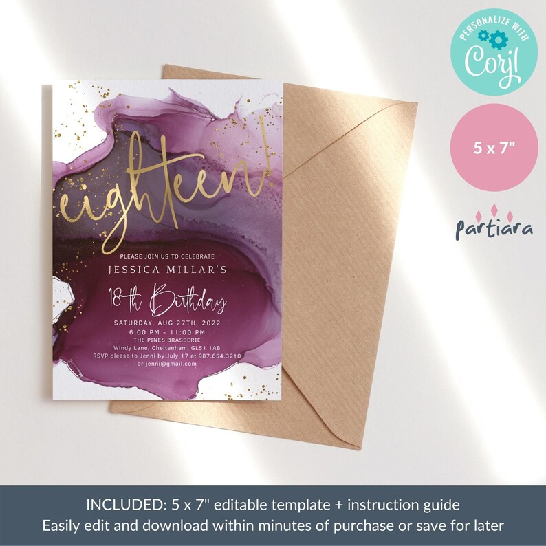 Op de afbeelding: Een uitnodiging van 5 x 7 inch met een aquarelontwerp in paars- en goudtinten. De uitnodiging luidt "eighteen!" in gouden script, met details voor een 18e verjaardagsviering, inclusief datum, tijd en locatie.