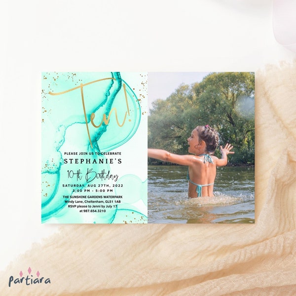 10th Birthday Invite Girl Photo Pool Party Invitation Printable Swimming Outdoor Nature Tenth Birthday Turquoise Blue Editable Download P297