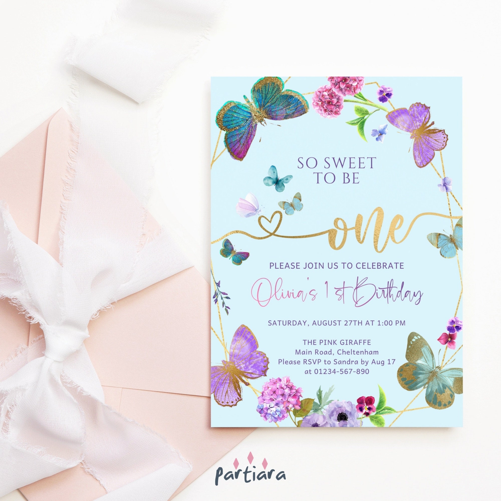 First Birthday Butterfly Invitation Girl's 1st Party Etsy