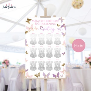 Vlinder zitplaatsen grafieksjabloon, meisje doop tafel stoelen teken afdrukbaar, decor doop 1e verjaardag, bewerkbare 24 x 36 download P345
