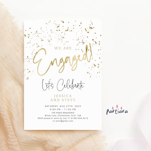 We&#39;re Engaged Invite Engagement Party Invitation All White Gold Confetti Printable Digital Download Editable Template P493