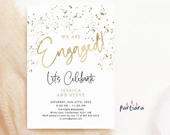 May include: A white card with gold glitter and the text "We are Engaged! Let's Celebrate" in gold script. The card also includes the names Jessica and Steve, the date Saturday, August 27th, 2023, the time 6:00 PM - 11:00 PM, the location The Pines Brasserie, the address Windy Lane, Cheltenham, GL51 1AB, and the RSVP information. The card also includes the text "Partiara" in pink.