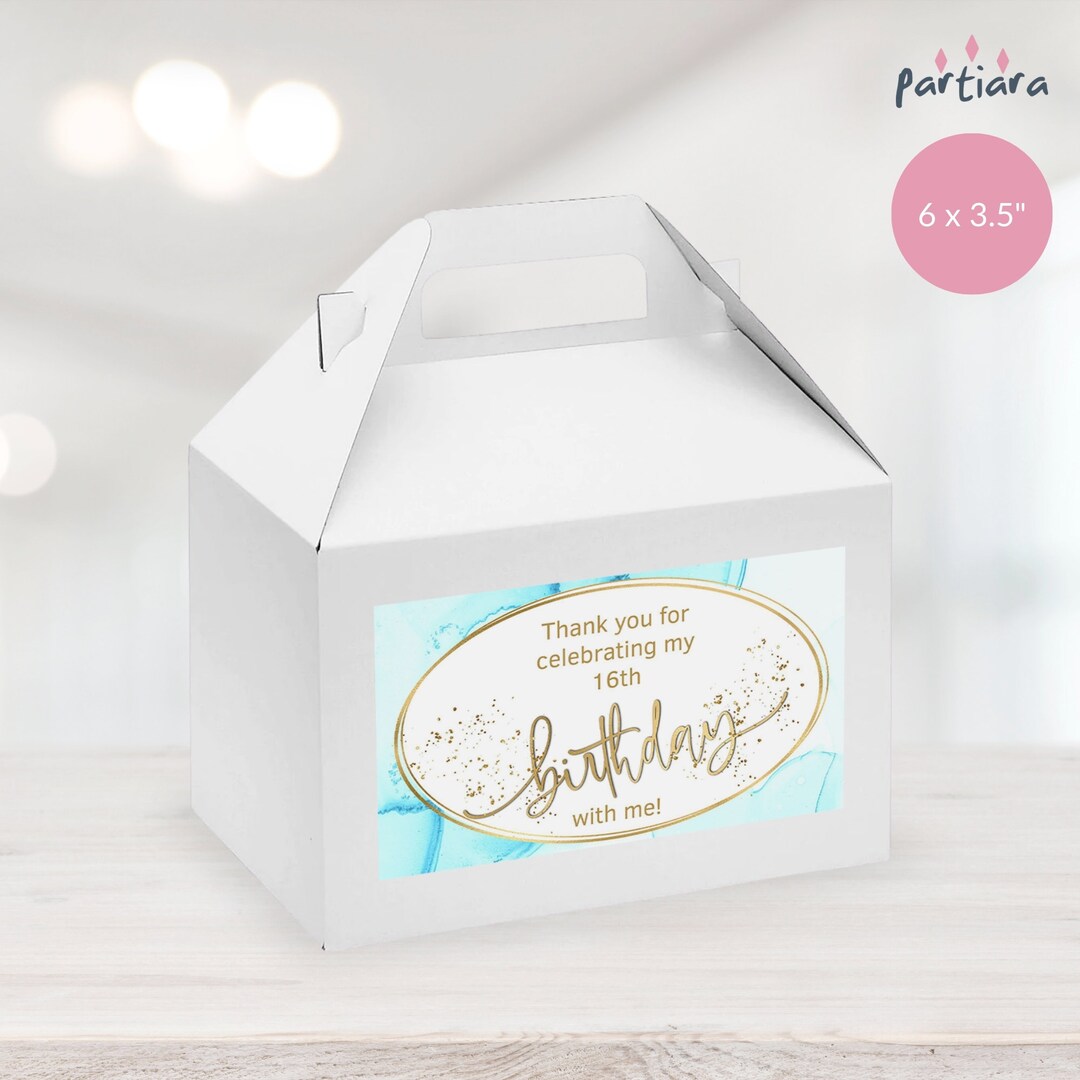 Sky Blue Gable Box Labels, Birthday Gift Favors Label Printable, 16th