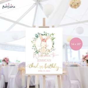 Mädchen 3. Geburtstag Willkommen Schild Vorlage, Bunny Party Willkommen Poster Druckbar, Rosa Blumenblumen Ostern oder Frühlingsfestdekor Bearbeitbar 16x20 P376
