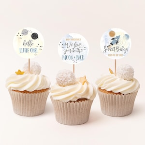 Space Cupcake Toppers Baby Shower Party Decor Printable, Boys Outer Space Planets Galaxy Cakes Decoration, Editable Download Template P166