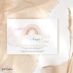 Modèle de shower de bébé arc-en-ciel de cartes de jeu de tombola de couches de couches, faire-part pour filles rose pastel, inserts imprimables et modifiables en téléchargement numérique P136