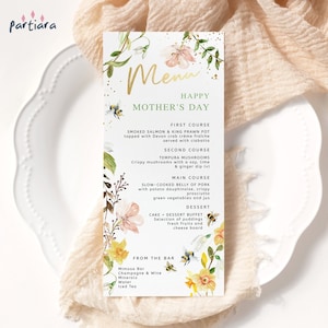 Mothers Day Menu Template, Mother&#39;s Day Brunch Menus, Floral Menu Cards Printable, Pink Yellow Spring Birthday Decor, Editable Download P527