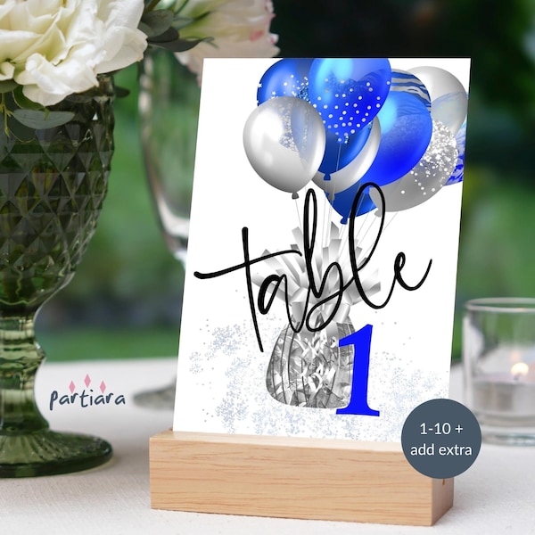 Royal Blue Birthday Party Table Numbers Printable Men or Ladies Seating Blues and Silver Decor Editable Digital Download Template P247