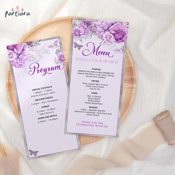 Lilac Butterfly Menu Program Cards Printable Ladies Teens Girls Birthday Party Floral Baby Shower Itinerary and Menus Editable Template P36