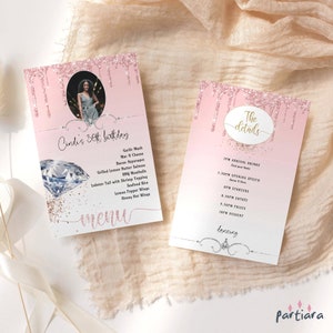 Damen Geburtstagsmenü Bearbeitbare Vorlage Party Fotoprogramm Doppelseitige Menüs Druckbare Blush Rosa Silber Digitaler Download P106