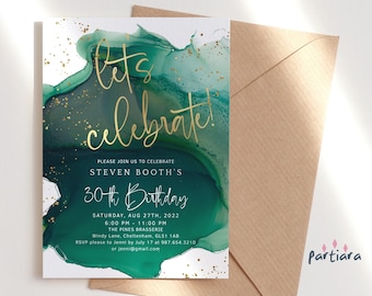 Emerald Green Invite Template, Birthday Party Invitation Printable, Lets Celebrate Men or Ladies Milestone Events, Editable Download P257