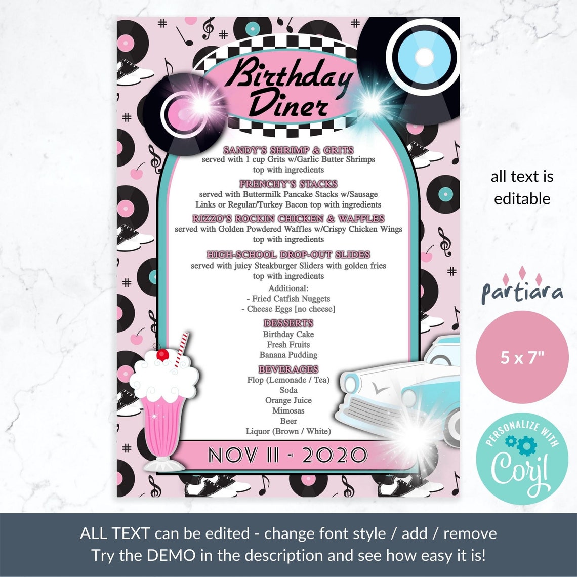 Editable 50s Diner Menu Card Template Retro Birthday Party Etsy UK Editable 50s Diner Menu Card Template Retro Birthday Party Etsy UK