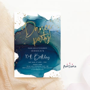 Teal Dance Party Laden Vorlage ein, Blaue Disco Geburtstagseinladung zum Ausdrucken, Teen Mädchen oder Damen Ereigniskarte, bearbeitbarer digitaler Download P231